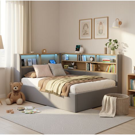 Letto daybed 90x200 cm in velluto grigio con contenitore idraulico, LED, USB e Type-C, OKWISH (1/5)