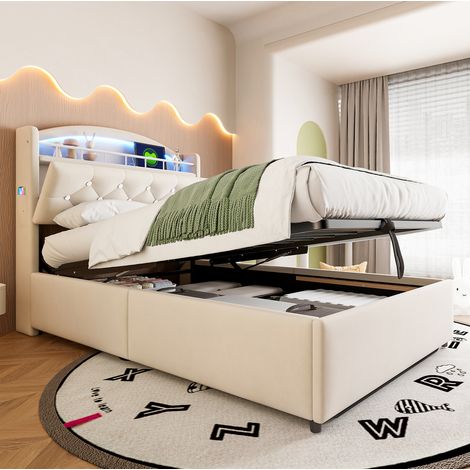 Letto singolo imbottito moderno 90x200 cm in velluto beige con testiera LED, USB-C e vano contenitore (1/5)