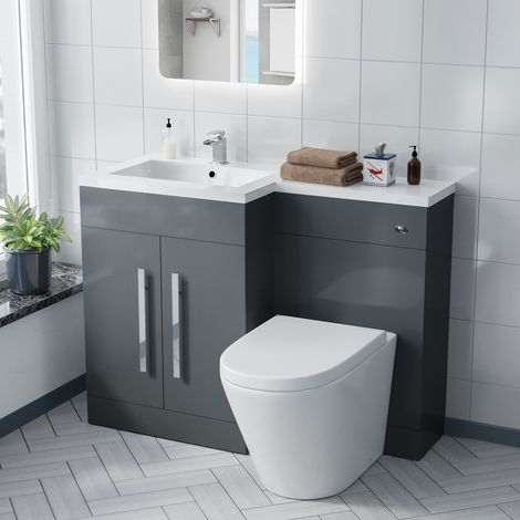 Aric LH 1100mm Flat Pack Vanity Basin Unit, WC Unit & Ellis PP Back To Wall Toilet Grey (1/5)