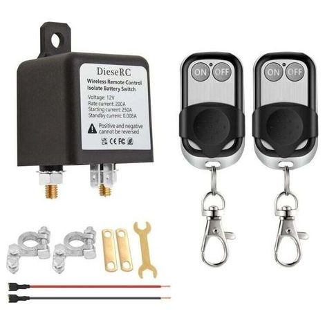 Interruttore batteria Coupe Circuit 12V con telecomando wireless, relè DC 12V 200A, isolatore di batteria per auto con 2 trasmettitori, interruttore antifurto (1/4)