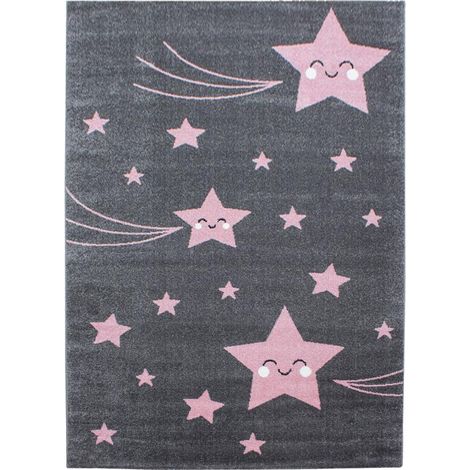 Tapis enfant tissé 80x150 rose et gris rectangle KID STARS