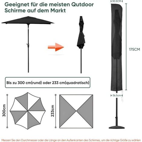 Housse de parasol 175×30.5/36.5 cm Capuchon pour Parasol de Jardin Ø300cm/230x230 cm. imperméable et résistante aux déchirures tissu Oxford avec revêtement en PVC avec fermeture éclair. Noir (1/4)