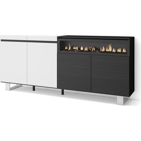 Skraut Home - Aparadores para salón, Gran capacidad de almacenaje, 200x87x35cm, 4 Puertas, Chimenea eléctrica, Diseño industrial, Estilo Moderno, Blanco y negro (1/5)