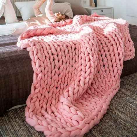 (80X100,Pink)Plaid Tricot Grosse Maille Plaid Grosse Maille Plaid Tricot Couverture De Canapé en Laine Grossière Tissée À La Main Plaid Laine Grosse Maille Plaid (1/5)