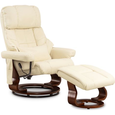 M MCombo Massagesessel mit Hocker, 360° drehbarer Relaxsessel mit Liegefunktion, moderner TV-Sessel Fernsehsessel mit Seitentasche für Wohnzimmer, Kunstleder, 9068 (Creme)