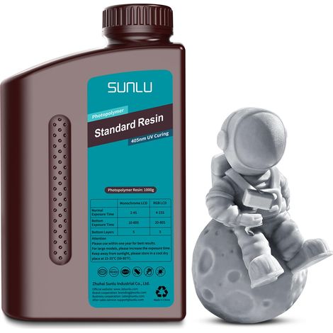 Résine 1KG, Faible retrait et durcissement rapide Résine standard, 365-405nm UV pour la plupart des imprimantes 3D LCD/DLP/SLA, 1000G.(Gris) (1/5)