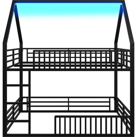 Letto a soppalco 140x200 in metallo nero con LED e parapetto (1/5)