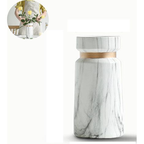 Vase Céramique - Blanc Mat Aspect Marbre Avec Anneau Doré - Pour Fleurs Et Herbes De La Pampa - 1 Pièce (1/5)
