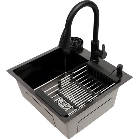 HAUTOUR Évier de cuisine de 50 x 45 cm, évier en acier inoxydable avec grille d'égouttement, évier de cuisine avec douchette flexible, évier encastrable avec revêtement nano, distributeur de savon (1/5)