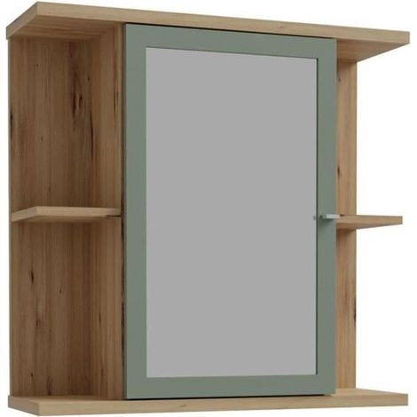 Waschschrank - Eiche-Dekor und Salbeigrün - Spiegel-Tür - Regale - B69,9 x T23,2 x H68,8 cm (1/5)