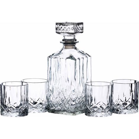 BarCraft Juego de Decantador de Whisky y Vaso de Regalo, Juego de 5 Piezas de Cristal Tallado, Decantador de 900ml con Tapón de Sello de Silicona y 4x Vasos, 26 x 10 x 24cm