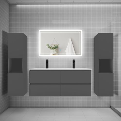 Ensemble meuble de salle de bains 120cm, double vasque + colonne + LED miroir mural,anthracite (1/5)