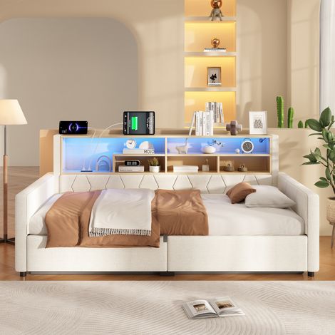 Lit coffre 90x200 cm 1 place, lit simple, lit banquette en lin beige, rangement hydraulique, niche ouverte, sommier à lattes, LED, USB-A/USB-C (1/5)