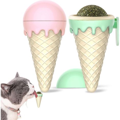 Balle à l'herbe à chat, jouet rotatif à 360°, balle à l'herbe à chat naturelle qui nettoie les dents et attire les chats, parfum crème glacée (2 pièces) (1/5)