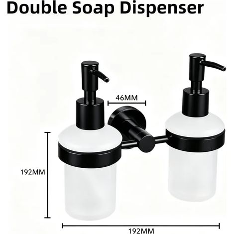 (Deux distributeurs de savon) Ensemble de salle de bain mural élégant noir mat comprenant un porte-essuie-tout, un crochet pour peignoir, un porte-gobelet double et un distributeur de savon double. (1/5)