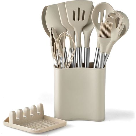Ensemble de 13 ustensiles de cuisine en acier inoxydable avec manche en silicone, cuillère, spatule, louche (1/5)
