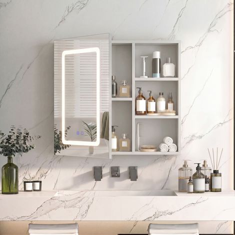 Miroir lumineux de salle de bain avec rangement, LED réglable, Étagères Réglables, Anti-Buée, Miroir HD, Design Moderne Blanc, 60x15x60 cm (1/5)