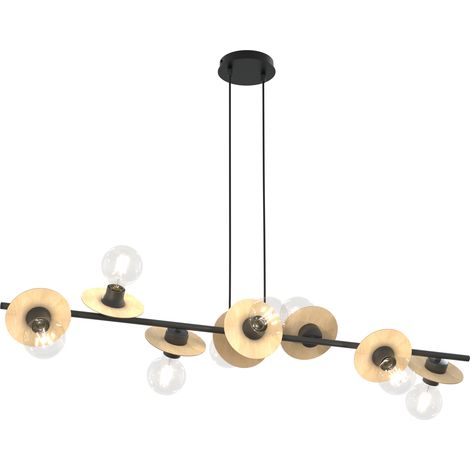 Lampadario 8 Luci Token In Acciaio Nero E Legno Con Barra E Diffusori A Piatti (1/5)