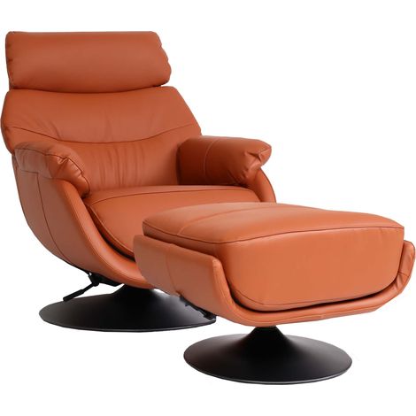 Poltrona relax con poggiapiedi HHG-356, sedia TV, funzione dondolo girevole, metallo vera pelle/ecopelle, marrone