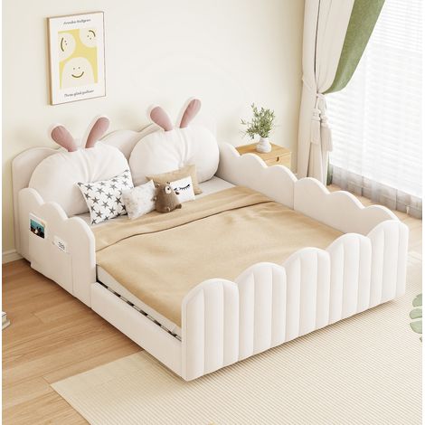 Lit enfant 140x200 cm en MDF beige, avec garde-corps, gain de place, sans matelas – MEUBLIV (1/5)