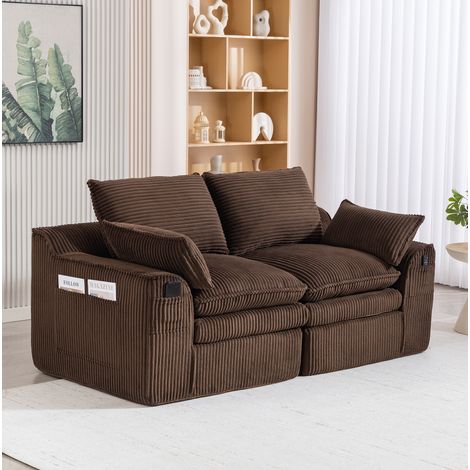 2-Sitzer-Sofa aus Cord in Braun, 191x94x85 cm, mit Seitentaschen, Kissen und Federkern (1/5)