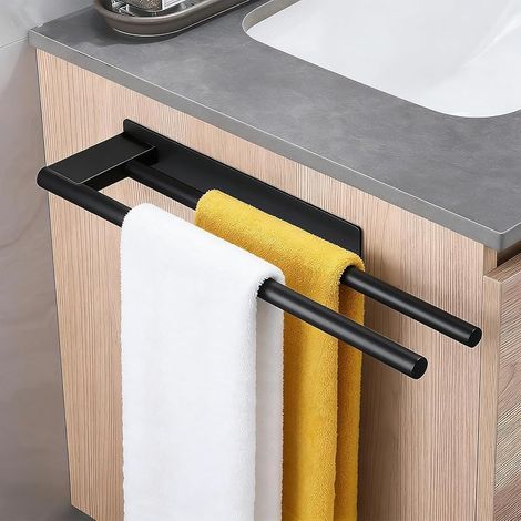 Porte Serviette sans Percage Noir en Acier Inoxydable Porte Serviette Mural 39CM Double Porte Serviette Salle de Bain sans Percage avec 2PCS Support Adhésif pour Salle De Bain et Cuisine (1/5)