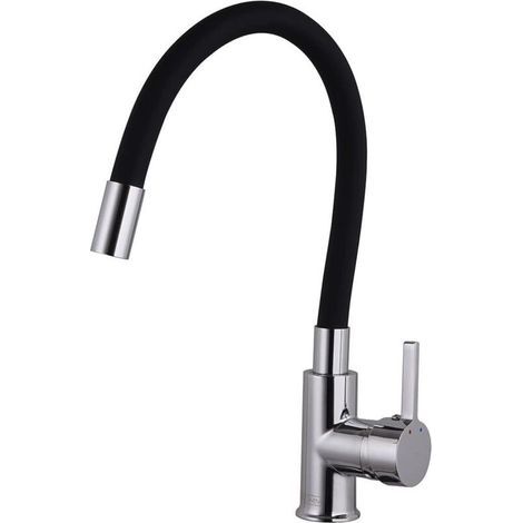 Robinet de cuisine flexible à 360 °, robinet d'évier rotatif, robinet à poignée unique. Tuyau flexible en silicone. Accessoires inclus. (Chrome Noir) (1/4)