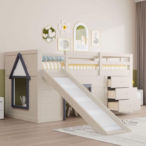 Lit mezzanine bas 90 x 200 avec glissière, trois tiroirs et deux portes, couleur crème, garantie 2 ans contre défauts (1/5)