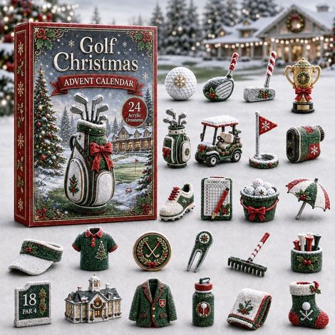 Golf-Adventskalender 2026 – 24-teilig – grün, rot, weiß – Acryl – 6 cm Mini-Anhänger – Weihnachtliches Golf-Design – Christbaumschmuck – geeignet für Golfliebhaber, Weihnachtsfeiern und als Dekoration (1/3)