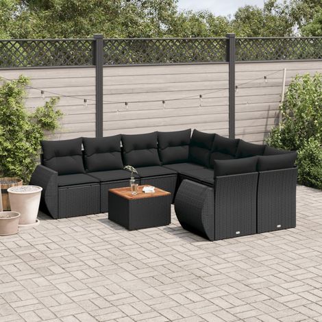 vidaXL Set Divani da Giardino 9 pz con Cuscini Nero in Polyrattan (1/5)