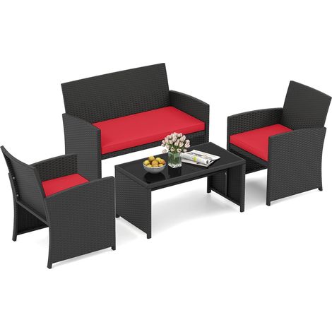 COSTWAY Set Salotto da Giardino 4 Pezzi,Poltrone in Rattan con Tavolino in Vetro Temperato,Rosso (1/5)
