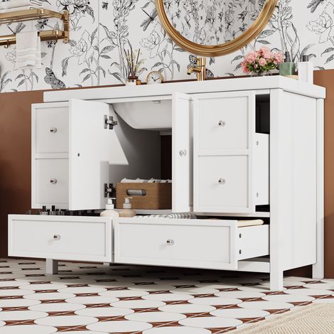 Meuble Vasque De Salle De Bain Sur Pied 120 X 50 X 86,5 Cm Finition Laquée Avec Vasque Intégrée En Résine, 4 Tiroirs Et Portes À Fermeture Amortie Blanc
