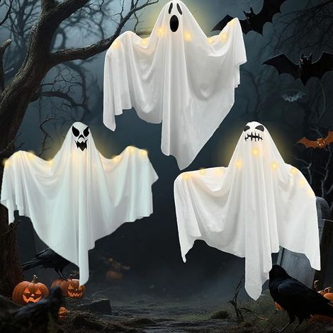 Fantome Halloween Outdoor Indoor Decoration, 3 Pieces 70 cm LED Light Deco Outdoor Halloween Battery Powered, Ghost Hanging Decorations for Outdoor Decoration, Garden, Balcony (1/5)