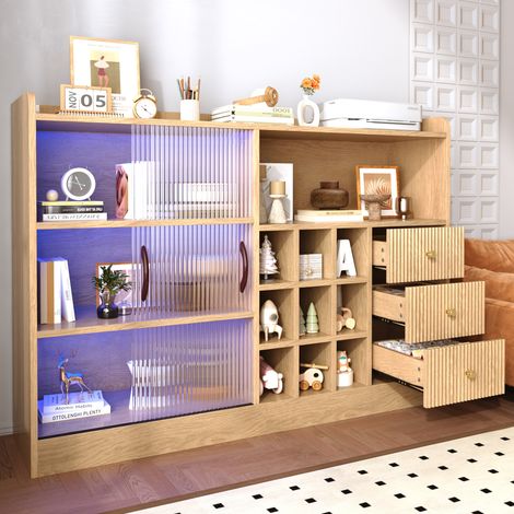 Credenza moderna vintage 120x30x85 cm, illuminazione LED, ante scorrevoli in vetro, legno naturale (1/5)