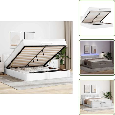 Kunstlederbett - vidaXL Ottoman-Bett mit Matratzen & LEDs Reinweiß 160x200cm Kunstleder - Stauraum (1/5)