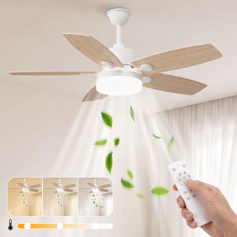 Ventilador de techo con luz LED y mando a distancia, 5 aspas, 6 velocidades, diseño perfil bajo, Ø 106,6 cm, Blanco y Roble claro (1/5)