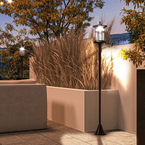 Lot de 2 lampadaires solaires avec autonomie de 6 heures et ancrage au sol, acier inoxydable et ABS, 23,5 x 23,5 x 184 cm, noir (1/5)