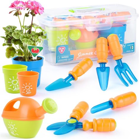 Play Ensemble d'outils de Jardinage pour Enfants avec Pelle, Fourche, Ciseaux, Pot de Fleurs, arrosoir, étiquette et boîte de Rangement, kit de Jardinage pour Enfants à partir de 3 Ans (1/5)