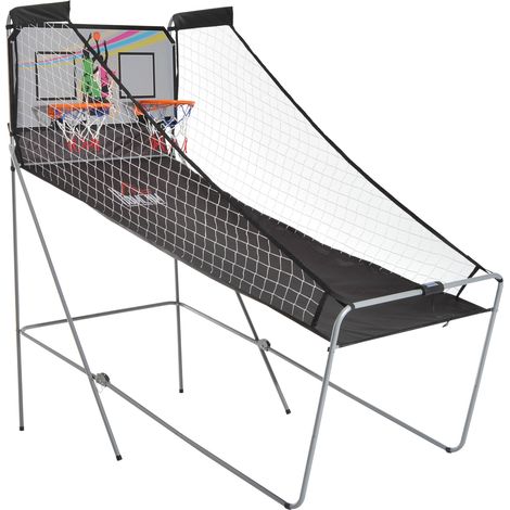 Jeu de basket arcade pliable 2 filets, 4 ballons + pompe, système de marquage électronique, 4 boutons, 8 modes de jeu, 205x110x205cm, noir et blanc. (1/5)