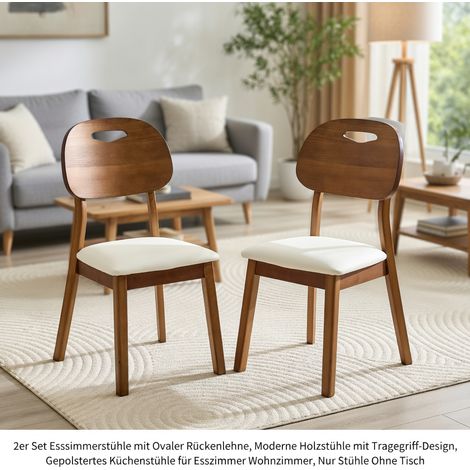 Lot de 2 chaises de salle à manger, dossier ovale, chaises en bois avec poignées, chaises de cuisine rembourrées, blanc (1/5)