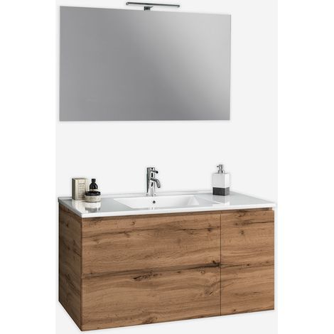 Mobile bagno sospeso con lavabo e specchio led Nettuno - Rovere