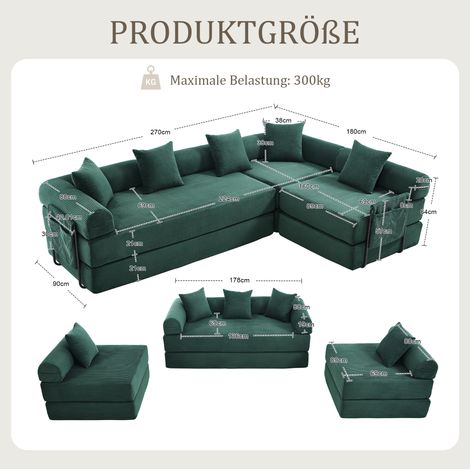 Modulares Ecksofa 270 x 180 x 64 cm aus dunkelgrünem Cordstoff mit Seitentasche – MEUBLIV (1/5)