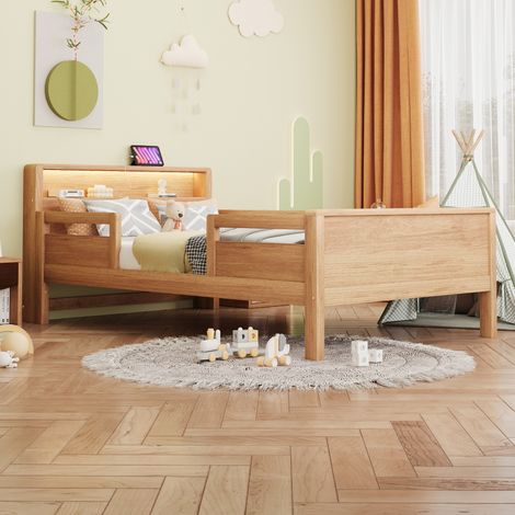 REDOM Letto per bambini 90x200 cm con LED, porta USB e porta Type C, legno colore legno naturale (Senza materasso)