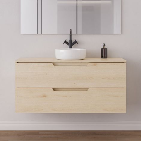 Meuble de salle de bain 120cm avec plateau et vasque à poser ronde - 2 tiroirs - sans miroir - roble calima (bois clair) - SONRIZA (1/5)