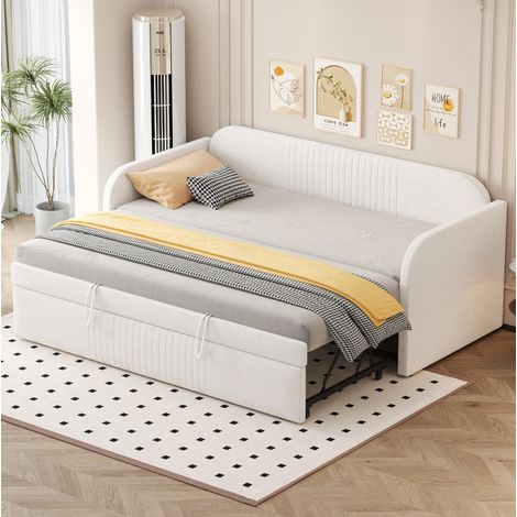 Letto con letto aggiuntivo 90/180x190 cm, motivo a righe verticali, rete a doghe, senza materasso, beige (1/5)
