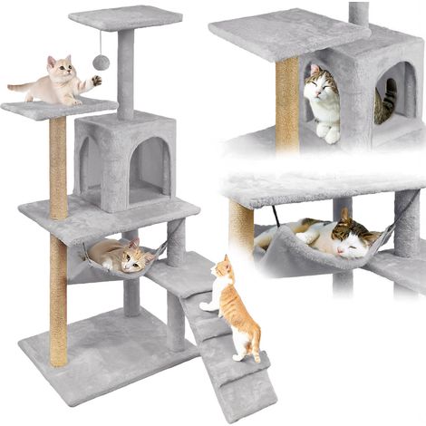 Tiragraffi per gatti, casetta con giocattolo, alto, 6 livelli, letto, Comfort Line grigio chiaro (1/5)