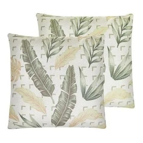 Conjunto de 2 cojines decorativos verde y beige patrón de hojas 45 x 45 cm fundas extraíbles cierre de cremallera estilo boho moderno Rhapis (1/3)