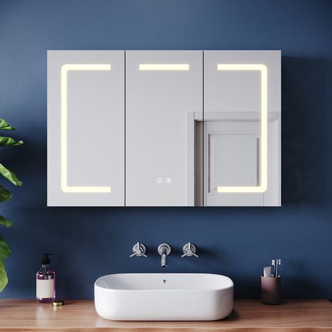 SONNI Badezimmer Spiegelschrank mit LED-Beleuchtung, Stromausfall Speicherfunktion, Rasierer Ladeanschluss, Große Kapazität, 900x600x125mm, Hellbraun