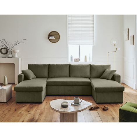 Cyrus - 7-sitzer wohnlandschaft u-form - schlaffunktion und bettkasten - - aus cordstoff - grün (1/5)