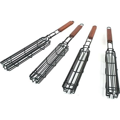 Lot de 4 paniers de barbecue avec grille verrouillable à long manche en bois - Antiadhésifs - En acier inoxydable - Pour barbecue, poissons, légumes, saucisses, oignons (1/5)